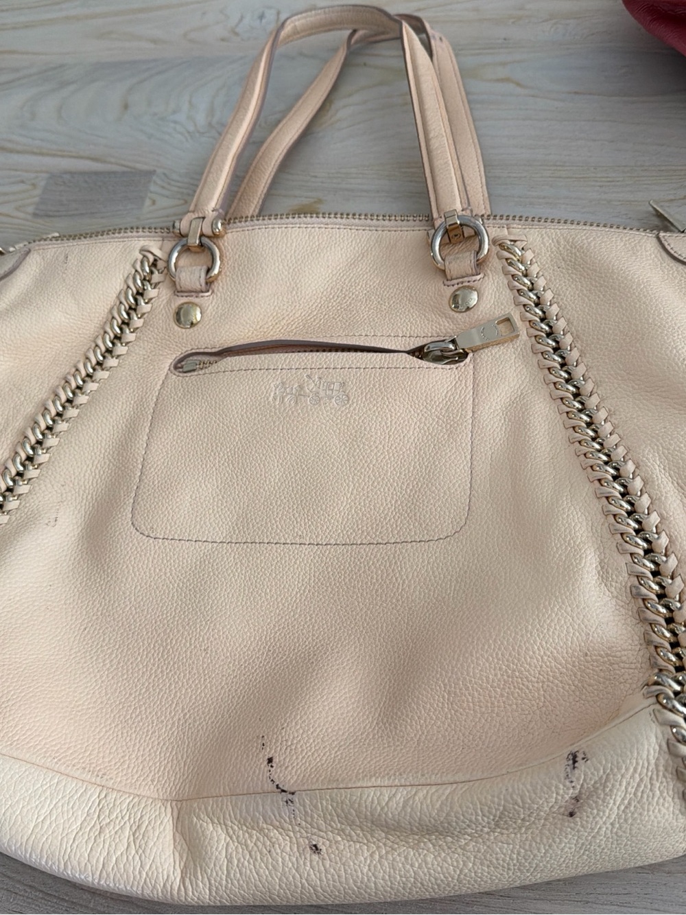 Beige Leather Tote Handbag with Chain Trim - Unbranded